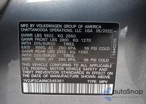 2022 Volkswagen Atlas 2.0T Se W/Technology z USA, uszkodzony, nr VIN 1V2JP2CA9NC545361